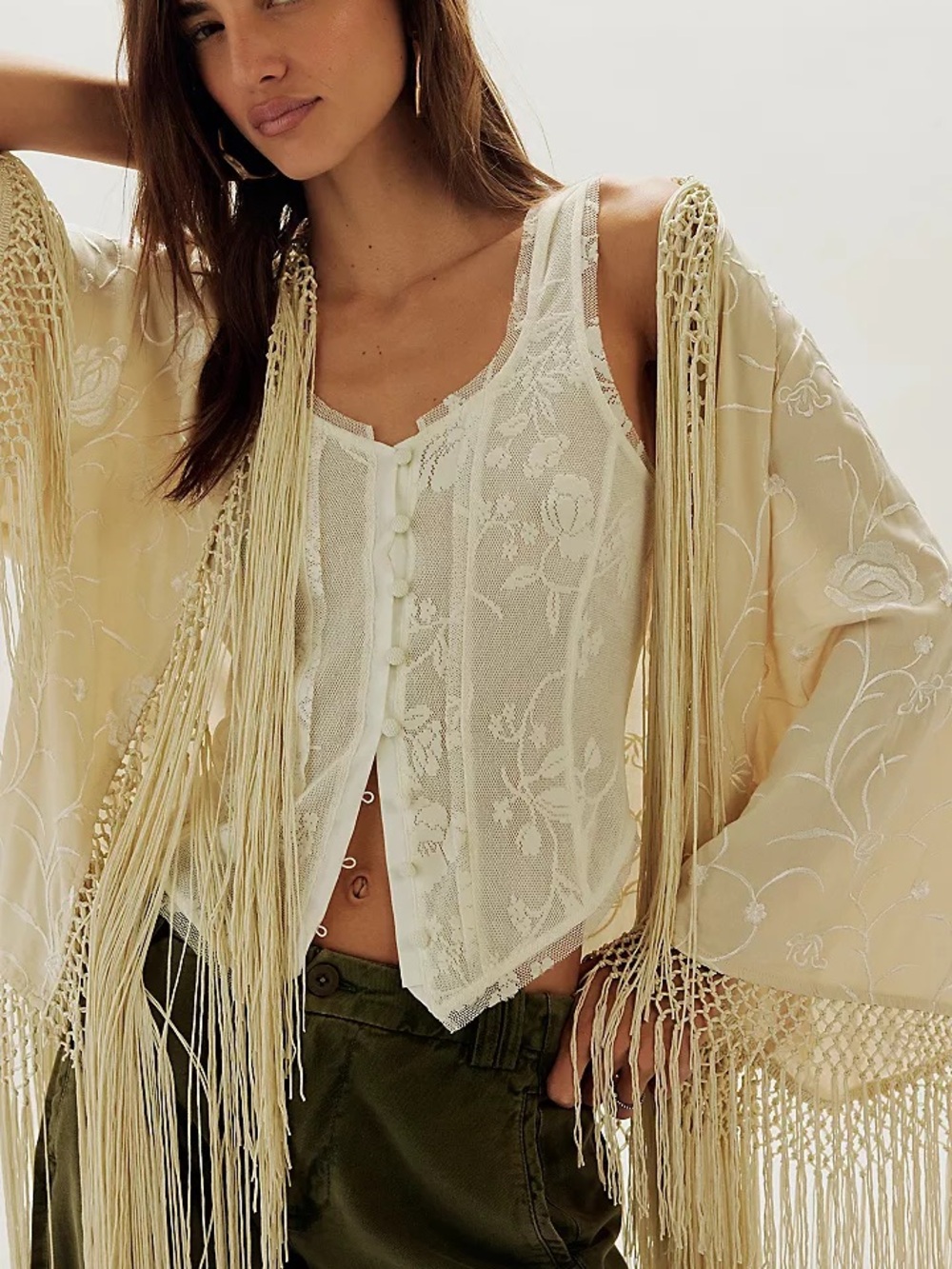 Free People Ivory Embroidered Fringe Kimono white and ivory - Picture 4 of 9